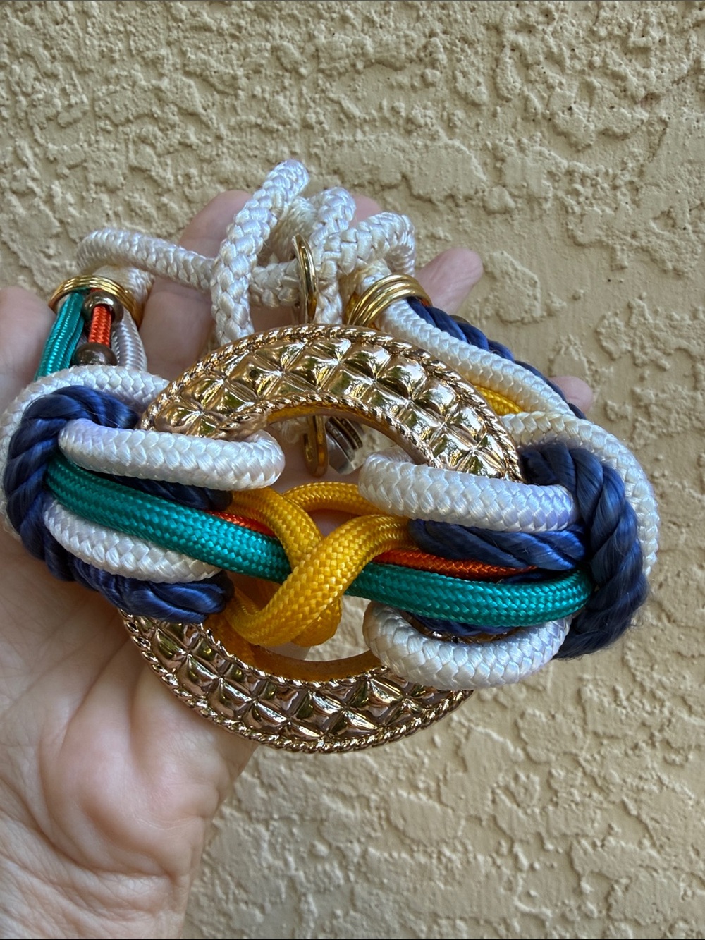 Corded Rope Waist Belt with Gold Center Medallion Yellow Blue Teal White Cording